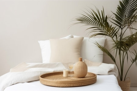 rattan pillow interior palm tray furniture home design bed modern table. Generative AI.の素材