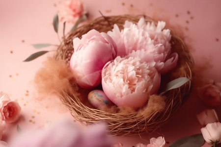 peony floral background egg flower pink pastel blossom spring holiday easter. Generative AI.の素材