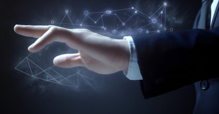 graph chart virtual network technology concept business cyberspace hand analysis. Generative AI.の素材