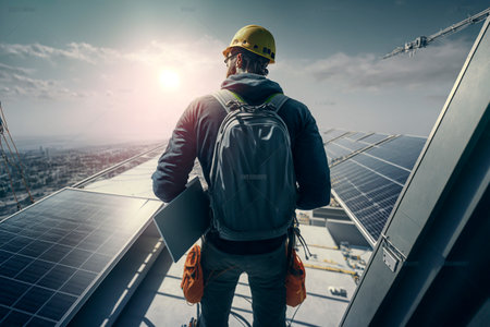A man building a back view installs solar panels on the roof of a building, solar green eco-energy of the future. The energy concept of the future. Generative AI.の素材
