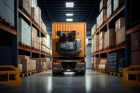 Truck for transportation stands in a warehouse with boxes and shelves, loading goods. Generative AIの素材