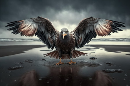 Seagull on the sand beach by the ocean in the oil and fuel oil, ecological disaster in the sea, nature in danger, the problem with the ecology of the planet earth. Generative AI.の素材