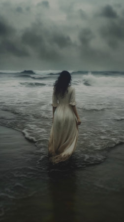sky woman travel nature sea beach storm summer cloud dress ocean. Generative AI.の素材