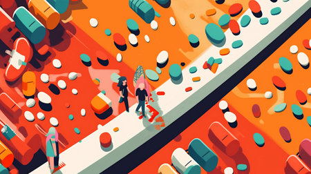 medicine drug medical orange concept pharmacy health pill character prescription. Generative AI.の素材