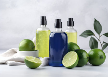 spa lemon oil skincare organic lime body treatment natural bottle. Generative AI.の素材