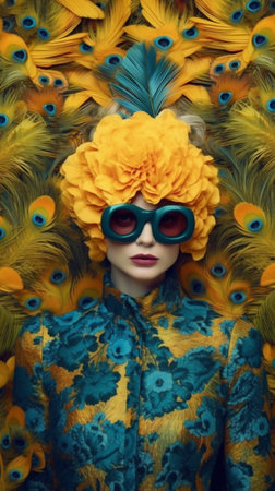 fashion woman beautiful young skin peacock glamour face beauty jungle bird. Generative AI.の素材