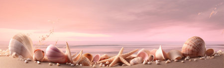 tropical sea summer ocean beach shell banner nature sand holiday. Generative AI.の素材