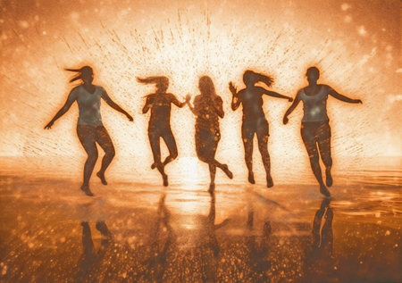 youth man group vacation friend fun ocean happiness sunset silhouette jump. Generative AI.の素材