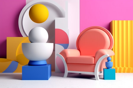 colourful armchair home room sofa geometric design scandinavian memphis interior art. Generative AI.の素材