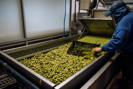 production agriculture food machinery green factory oil process organic olive. Generative AI.の素材