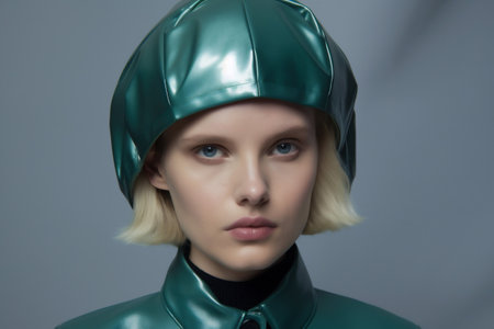 woman glasses colourful creative make-up hat beauty portrait art fashion latex. Generative AI.の素材