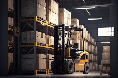 Forklift for moving items and boxes in a product warehouse, sorting and delivery technology machines. Generative AIの素材