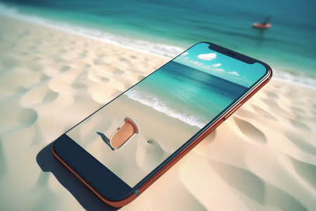 phone palm up creative concept holiday mock sea summer sand cyber. Generative AI.の素材