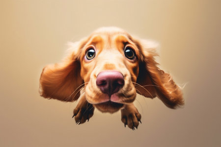 purebred dog funny white fly animal doggy jump cute pet background. Generative AI.の素材