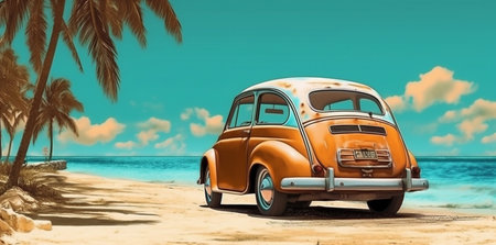retro trip vacation summer vintage travel road beach car tropical. Generative AI.の素材