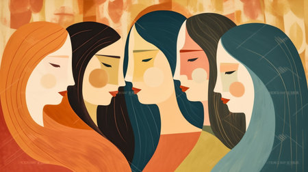 female woman girl together face young diversity adult group feminism social. Generative AI.の素材