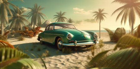 retro road travel tropical vintage vacation trip summer beach car. Generative AI.の素材