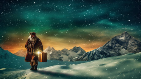 nature sky night mountain winter holiday christmas snow costume santa. Generative AI.の素材
