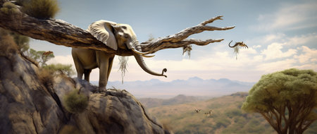 dream surrealism impossible elephant nature tree stability surreal solitude concept. Generative AI.の素材