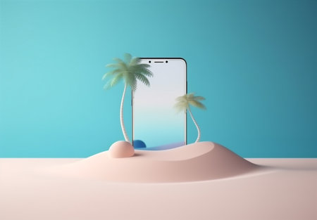 holiday creative concept sea palm cyber summer sand phone up mock. Generative AI.の素材