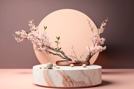 Stone marble catwalk, cosmetics stand with green leaves lush cherry blossom branches on a light pink background, modern layout, copy space. Generative AI.の素材