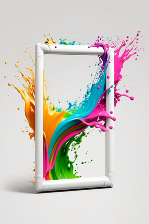 White frame on white background with multicolored splashes of bright colored paint on white background, copy space, space for text banner with frame template. Generative AI.の素材