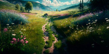 Panorama of the path of the road in a green spring field with grass and flowers in the rays of sunlight with a clear blue sky with clouds, a natural road into the horizon. Generative AIの素材