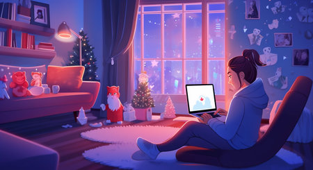 home santa family laptop communication house holiday character christmas happy. Generative AI.の素材