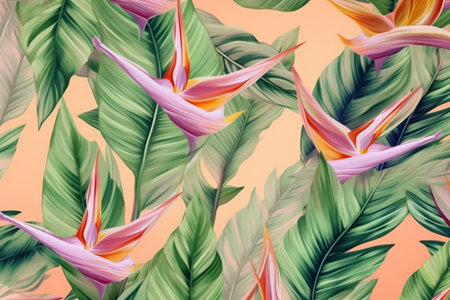 jungle flower pattern trendy colorful pink orange leaf tropical seamless. Generative AI.の素材