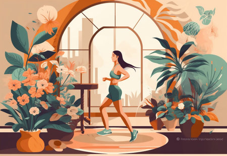 woman fitness style treadmill training lifestyle exercise boho sport health run fit. Generative AI.の素材