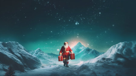 winter night santa holiday mountain snow costume sky christmas nature. Generative AI.の素材