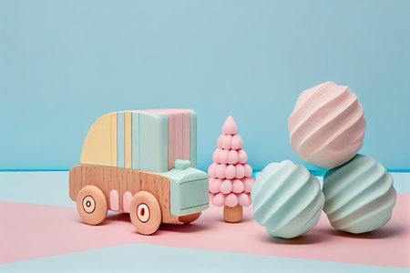 Baby wooden toys for preschool childs play in pastel colors, flat styling, delicate blue pink colored developmental items. Generative AIの素材
