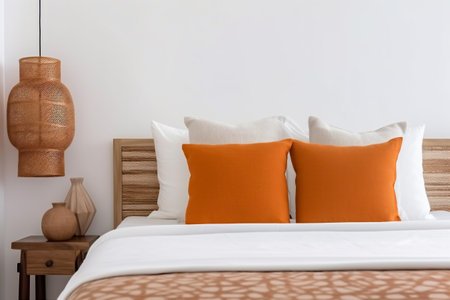 mockup background fall home modern pillow design orange lamp interior decor bed. Generative AI.の素材