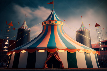 Circus Day, a festive red and white circus tent on the day of the festival against the backdrop of the city with people. Entertaining holiday concept and fun glowing lights. Generative AI.の素材