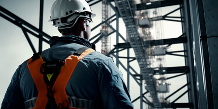Man builder in helmet and work clothes builds a multi-story building view from the back and looks city, the safety of work insurance, industry. Generative AI.の素材
