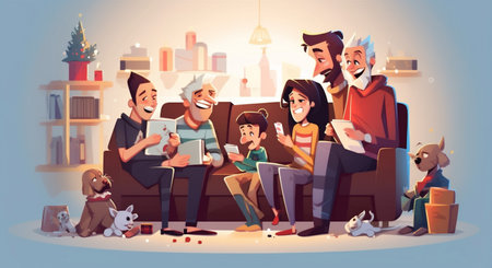 communication happy home laptop santa family christmas house holiday character. Generative AI.の素材