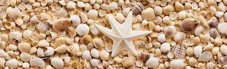 summer banner shell nature tropical sea beach ocean holiday sand. Generative AI.の素材