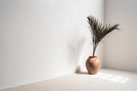 vase decor palm natural interior shadows sunlight concrete home tree wall design. Generative AI.の素材