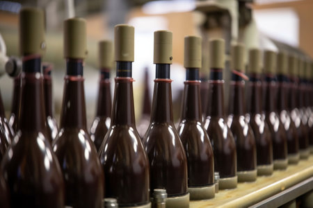 line winery alcohol drink glass automated bottle factory wine industry. Generative AI.の素材