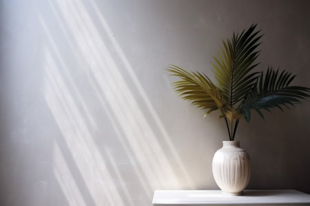 decoration concrete interior palm decor design vase shadows sunlight home tree wall. Generative AI.の素材