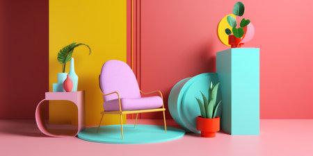 interior art armchair home design room colourful geometric sofa space memphis. Generative AI.の素材