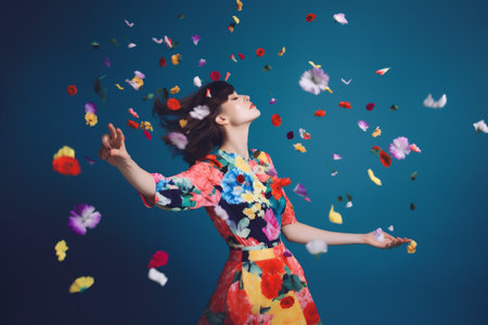 spring woman floral fashion falling flower beauty art peony colorful flying. Generative AI.の素材