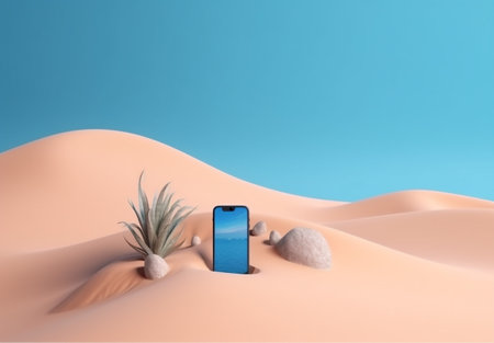 creative mock summer sea palm concept phone up cyber sand holiday. Generative AI.の素材