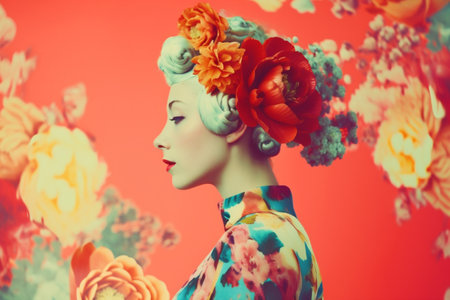 woman spring portrait art fashion beauty flower femininity peony bouquet summer. Generative AI.の素材