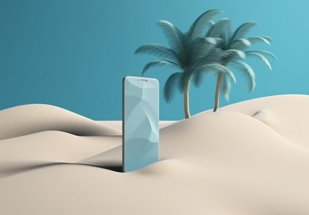 summer creative phone mock palm up sea cyber sand holiday concept. Generative AI.の素材