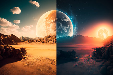 Image of sun and moon, day and night, light and darkness, dark and light. Solar and lunar eclipse. Generative AI.の素材