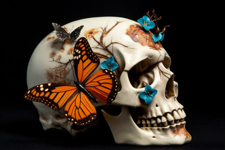 halloween skull design death art butterfly skeleton flower bone illustration. Generative AI.の素材