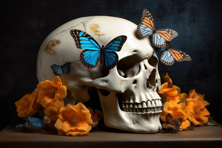 bone illustration design halloween butterfly death art skeleton skull flower. Generative AI.の素材