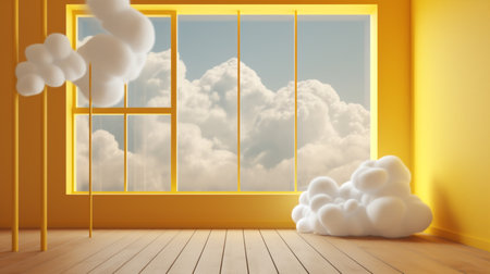 pedestal cloud room minimal yellow stage abstract cylinder showcase door. Generative AI.の素材