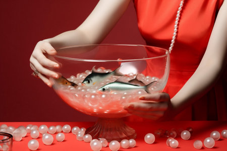 woman fish pearl color eye art retro make-up model vintage fashion. Generative AI.の素材